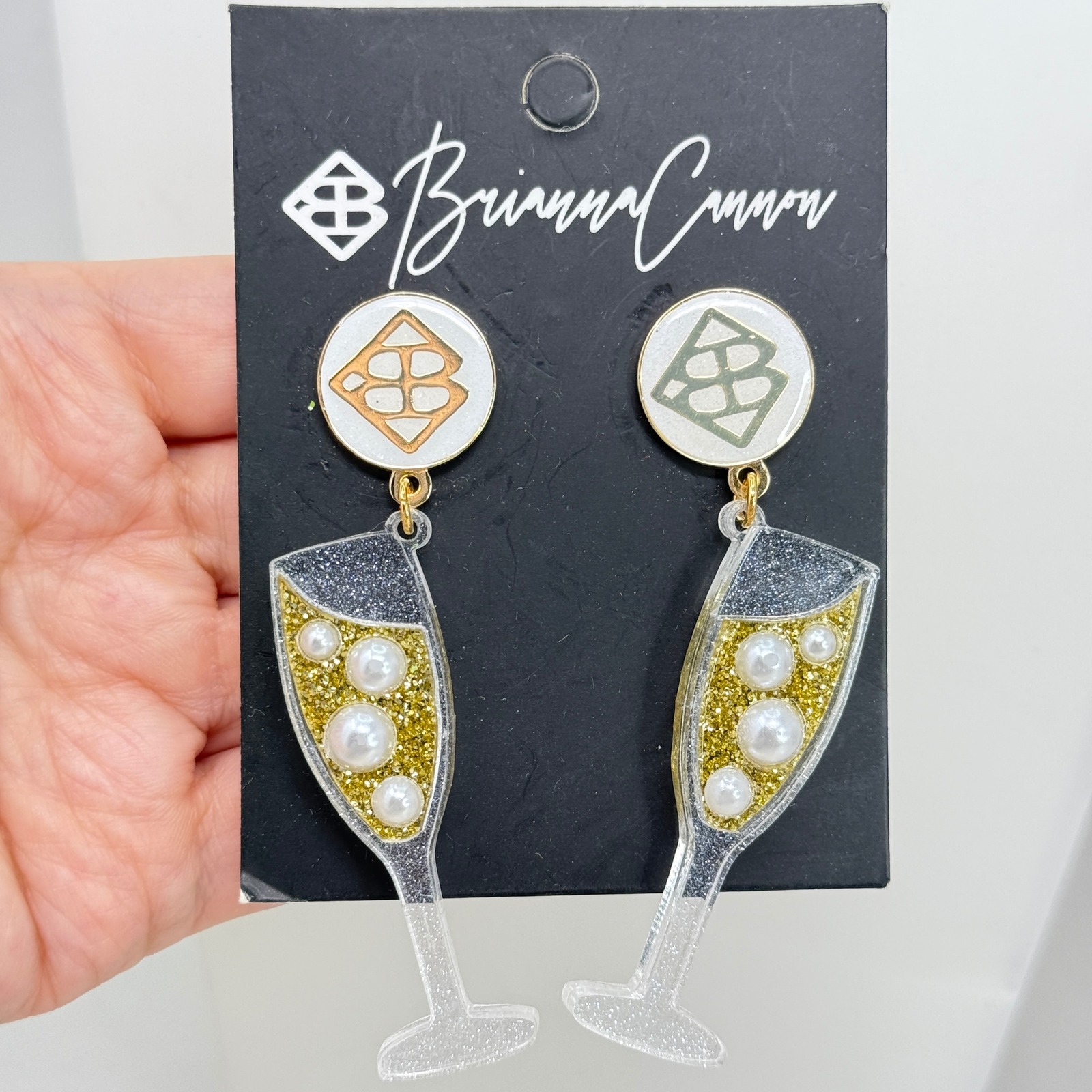 Brianna Cannon Champagne Flute Earrings Gold Glitter Pearl Acrylic Drop New Year